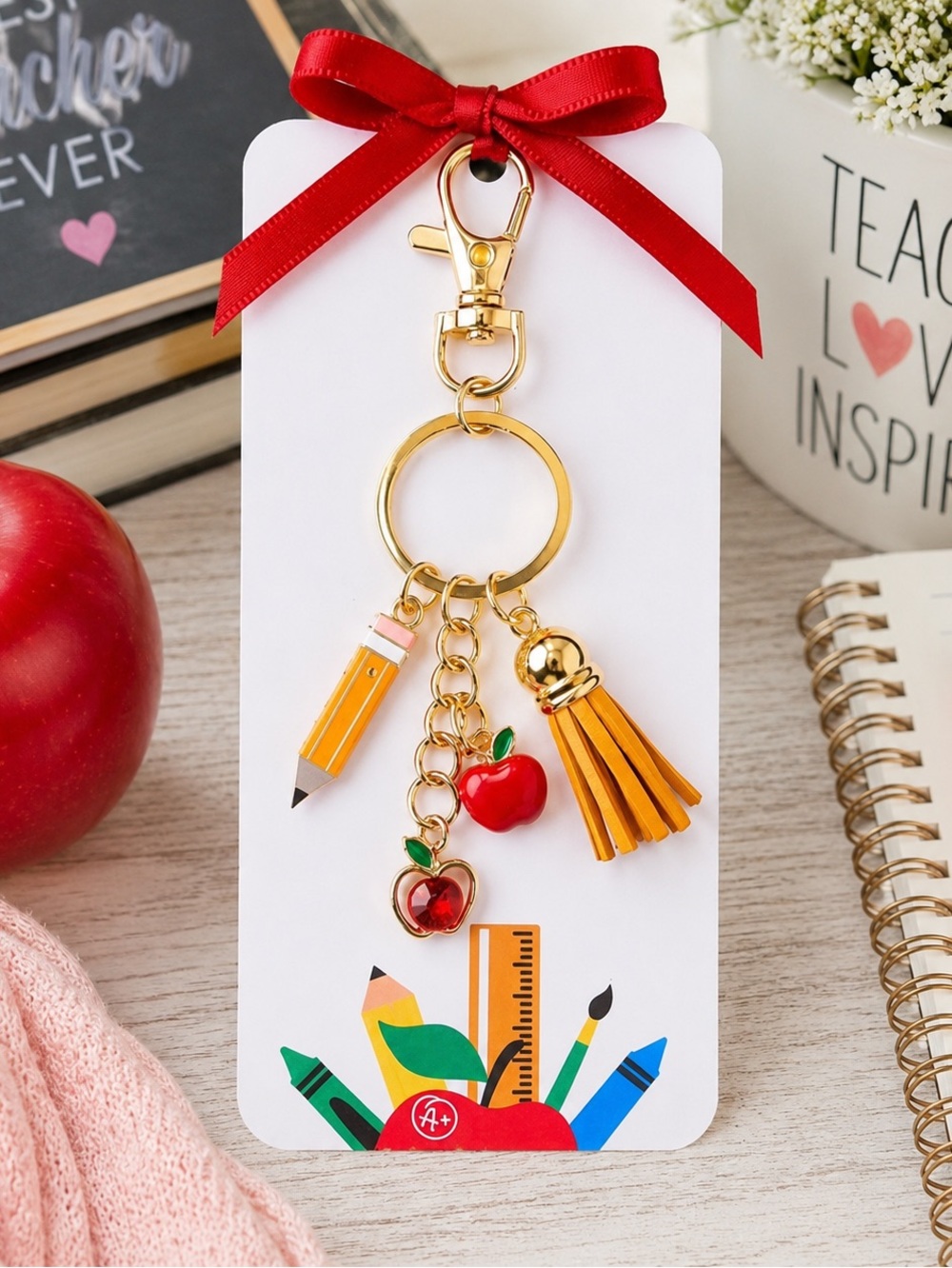 New Teacher Gift Keychain Apple Pencil Tassel Purse Backpack Charm